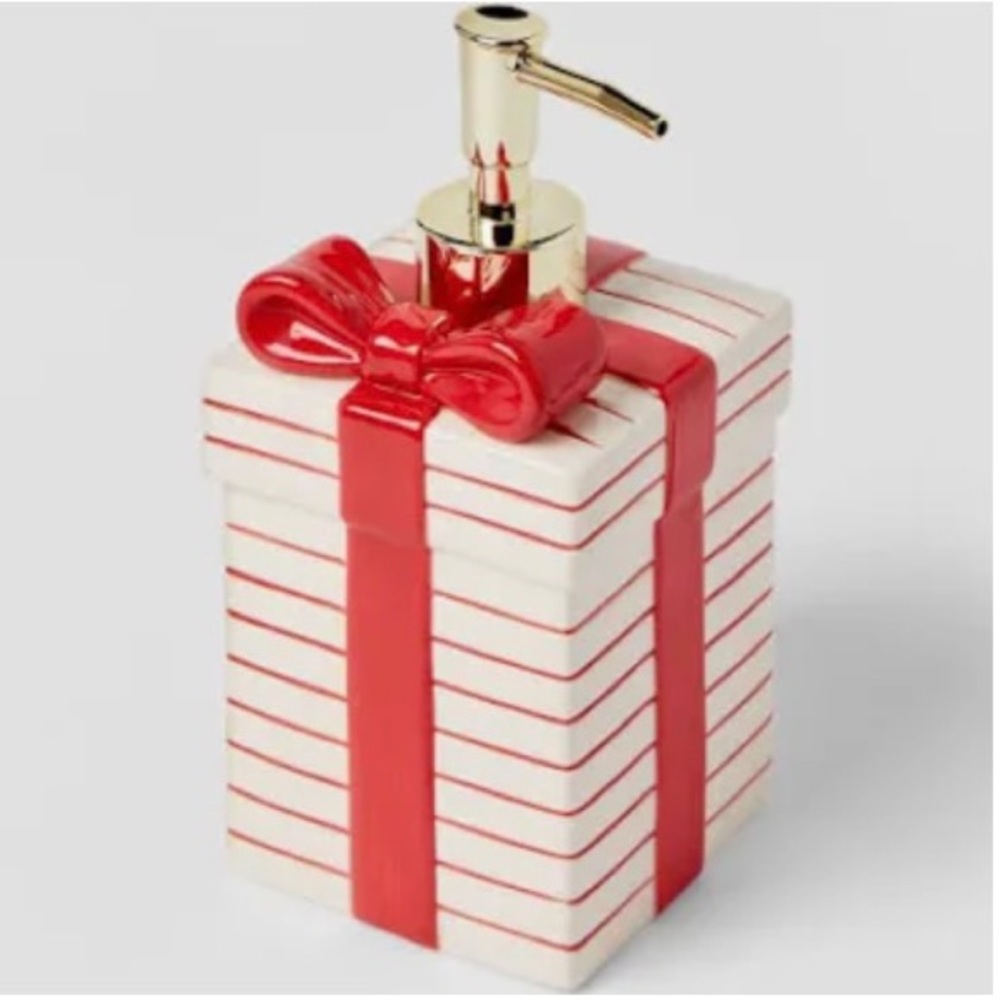 Threshold Christmas Gift Package Shaped Ceramic Soap Pump Dispenser - NWT